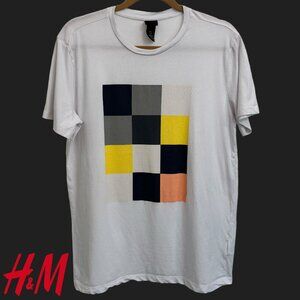 H&M Medium White Cotton Tee with Geometric Square Color Block Print